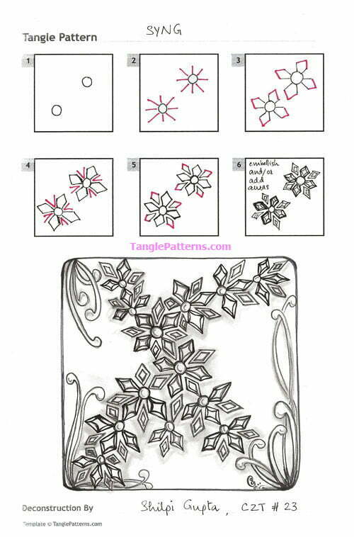 How to draw the Zentangle pattern Syng, tangle and deconstruction by Shilpi Gupta. Image copyright the artist and used with permission, ALL RIGHTS RESERVED.