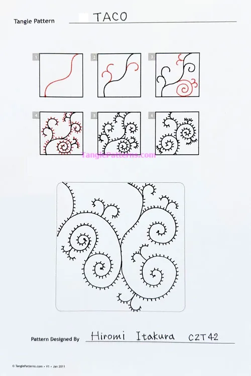 How to draw the Zentangle pattern Taco, tangle and deconstruction by Hiromi Itakura. Image copyright the artist and used with permission, ALL RIGHTS RESERVED. How to draw the Zentangle pattern Taco, tangle and deconstruction by Hiromi Itakura. Image copyright the artist and used with permission, ALL RIGHTS RESERVED.