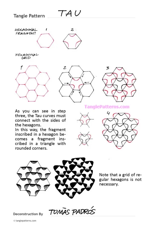 How to draw the Zentangle pattern Tau, tangle and deconstruction by Tomàs Padrós. Image copyright the artist and used with permission, ALL RIGHTS RESERVED.