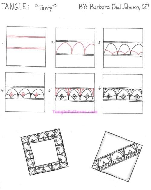 How to draw the Zentangle pattern Terry, tangle and deconstruction by Barbara Duel Johnson. Image copyright the artist and used with permission, ALL RIGHTS RESERVED.