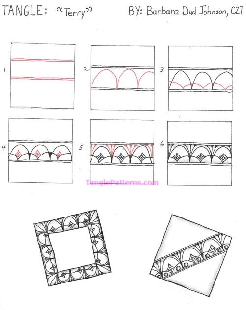 How to draw the Zentangle pattern Terry, tangle and deconstruction by Barbara Duel Johnson. Image copyright the artist and used with permission, ALL RIGHTS RESERVED.