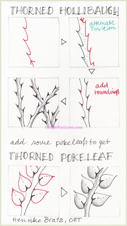 How to draw the Zentangle patterns Thorned Hollibaugh and Thorned Pokeleaf, tangles and deconstruction by Henrike Bratz. Image copyright the artist and used with permission, ALL RIGHTS RESERVED.