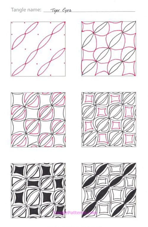 How to draw the Zentangle pattern Tiger Eyes, tangle and deconstruction by Daniela Nielsen. Image copyright the artist and used with permission, ALL RIGHTS RESERVED.