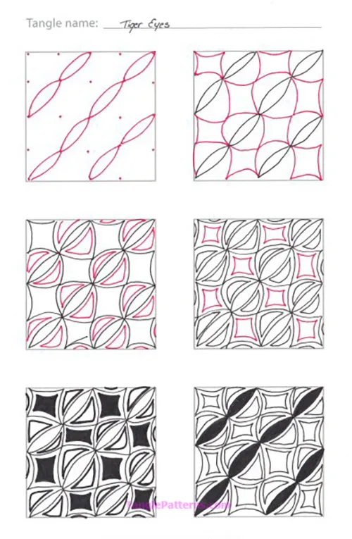 How to draw the Zentangle pattern Tiger Eyes, tangle and deconstruction by Daniela Nielsen. Image copyright the artist and used with permission, ALL RIGHTS RESERVED. How to draw the Zentangle pattern Tiger Eyes, tangle and deconstruction by Daniela Nielsen. Image copyright the artist and used with permission, ALL RIGHTS RESERVED.