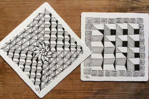 The left tile's tangles are: Alaura, Tri-bine & Japan Diamond The right tile's tangles are: Cubine, Tri-bine & Ambler