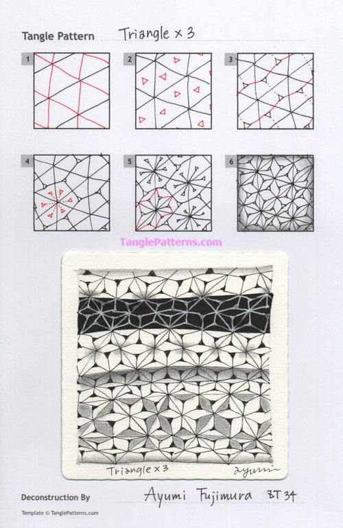 How to draw the Zentangle pattern Triangle x3, tangle and deconstruction by Ayumi Fujimura. Image copyright the artist and used with permission, ALL RIGHTS RESERVED.