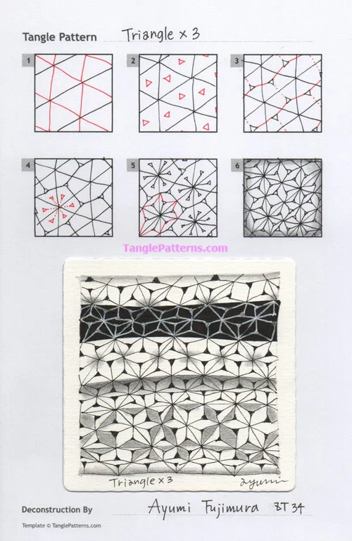 How to draw the Zentangle pattern Triangle x3, tangle and deconstruction by Ayumi Fujimura. Image copyright the artist and used with permission, ALL RIGHTS RESERVED. How to draw the Zentangle pattern Triangle x3, tangle and deconstruction by Ayumi Fujimura. Image copyright the artist and used with permission, ALL RIGHTS RESERVED.