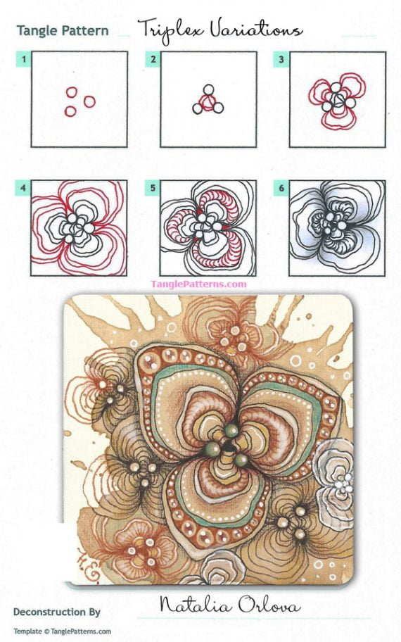 How to draw the Zentangle pattern Triplex, tangle and deconstruction by Natalia Orlova. Image copyright the artist and used with permission, ALL RIGHTS RESERVED.