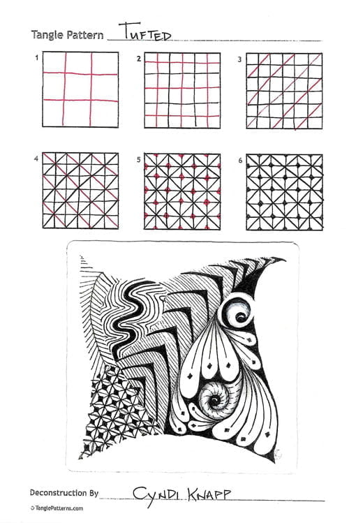 How to draw the Zentangle pattern Tufted, tangle and deconstruction by Cyndi Knapp. Image copyright the artist and used with permission, ALL RIGHTS RESERVED.