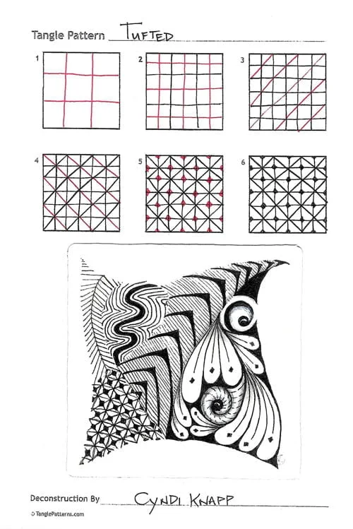 How to draw the Zentangle pattern Tufted, tangle and deconstruction by Cyndi Knapp. Image copyright the artist and used with permission, ALL RIGHTS RESERVED. How to draw the Zentangle pattern Tufted, tangle and deconstruction by Cyndi Knapp. Image copyright the artist and used with permission, ALL RIGHTS RESERVED.