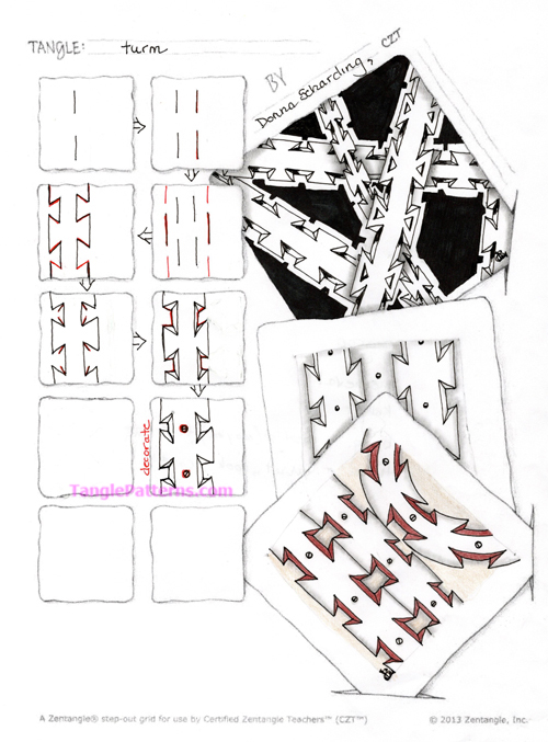 How to draw the Zentangle pattern Turm, tangle and deconstruction by Donna Scharding. Image copyright the artist and used with permission, ALL RIGHTS RESERVED.
