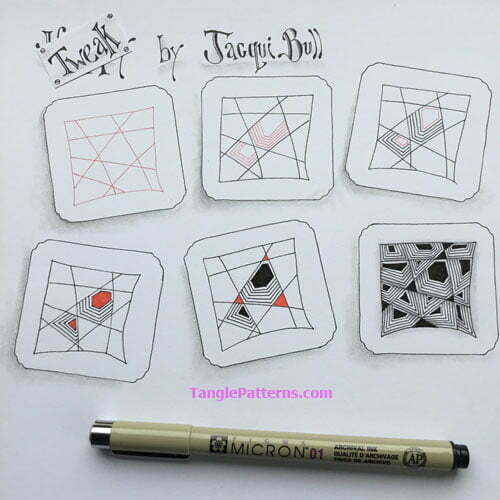 How to draw the tangle pattern Tweak, tangle and deconstruction by Jacqui Bull.