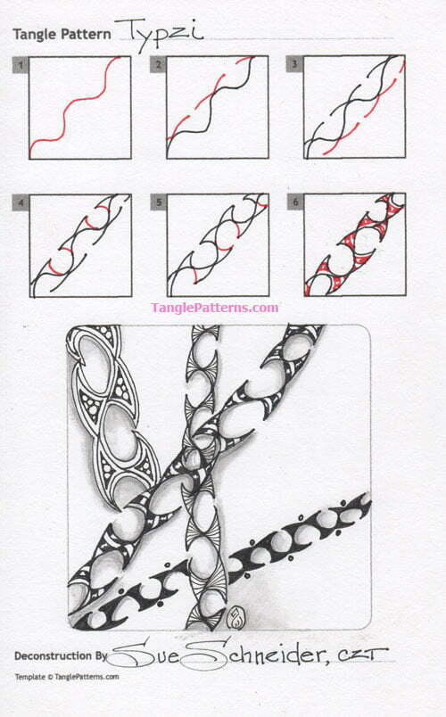 How to draw the Zentangle pattern Typzi, tangle and deconstruction by Sue Schneider. Image copyright the artist and used with permission, ALL RIGHTS RESERVED.