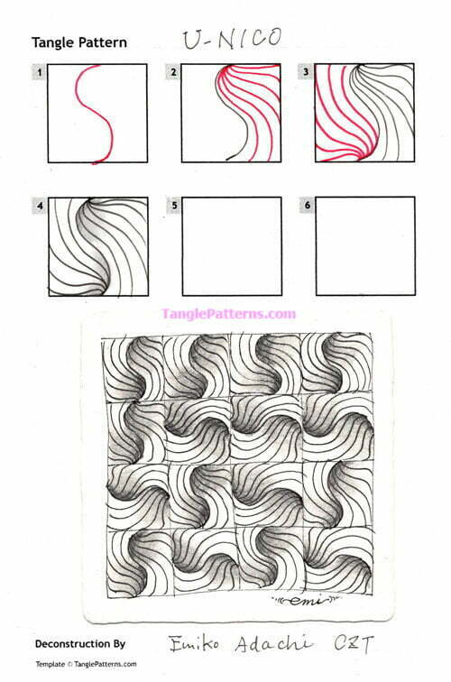 How to draw the Zentangle pattern U-nico, tangle and deconstruction by Emiko Adachi. Image copyright the artist and used with permission, ALL RIGHTS RESERVED.