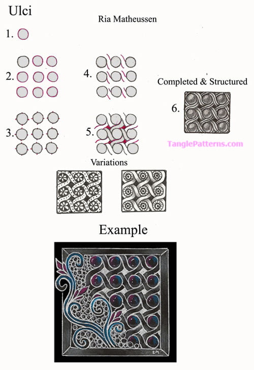 How to draw the Zentangle pattern Ulci, tangle and deconstruction by Ria Matheussen. Image copyright the artist and used with permission, ALL RIGHTS RESERVED.