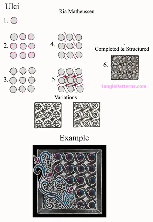 How to draw the Zentangle pattern Ulci, tangle and deconstruction by Ria Matheussen. Image copyright the artist and used with permission, ALL RIGHTS RESERVED. How to draw the Zentangle pattern Ulci, tangle and deconstruction by Ria Matheussen. Image copyright the artist and used with permission, ALL RIGHTS RESERVED.