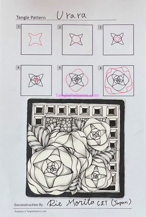 How to draw the Zentangle pattern Urura, tangle and deconstruction by Rie Morita. Image copyright the artist and used with permission, ALL RIGHTS RESERVED. How to draw the Zentangle pattern Urura, tangle and deconstruction by Rie Morita. Image copyright the artist and used with permission, ALL RIGHTS RESERVED.