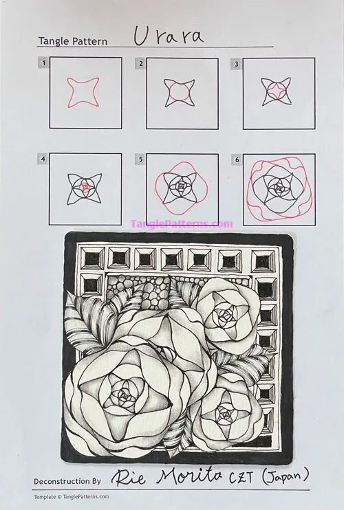 How to draw the Zentangle pattern Urura, tangle and deconstruction by Rie Morita. Image copyright the artist and used with permission, ALL RIGHTS RESERVED.