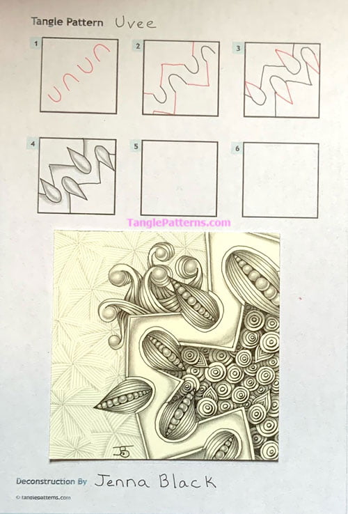 How to draw the Zentangle pattern Uvee, tangle and deconstruction by Jenna Black. Image copyright the artist and used with permission, ALL RIGHTS RESERVED.