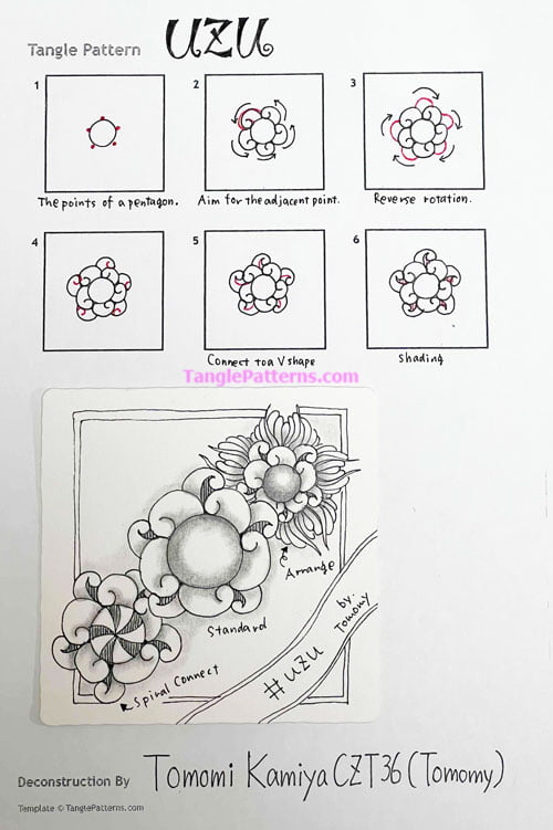 How to draw the Zentangle pattern Uzu, tangle by and deconstruction by Tomomi Kamiya. Image copyright the artist and used with permission, ALL RIGHTS RESERVED.