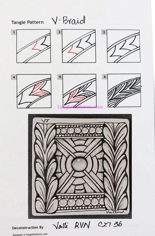 How to draw the Zentangle pattern V-Braid, tangle and deconstruction by Valli Ganti. Image copyright the artist and used with permission, ALL RIGHTS RESERVED.