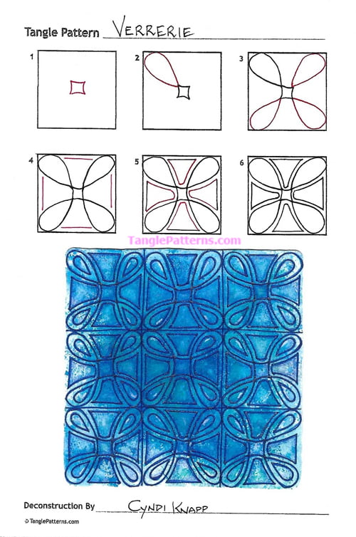How to draw the Zentangle pattern Verrerie, tangle and deconstruction by Cyndi Knapp. Image copyright the artist and used with permission, ALL RIGHTS RESERVED.
