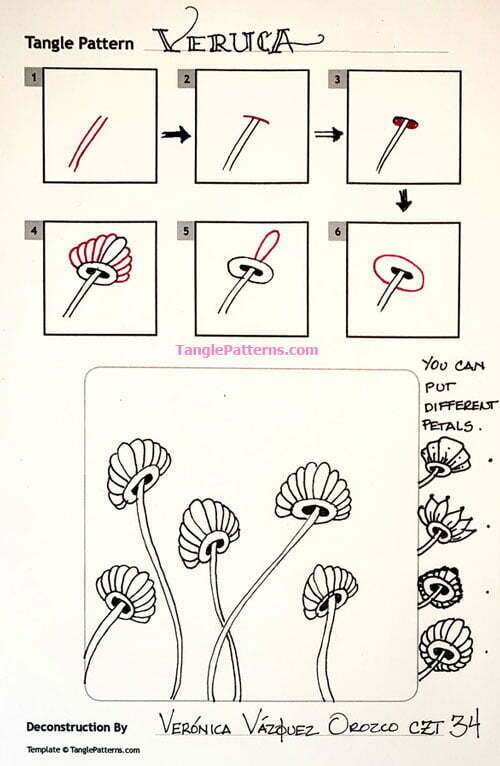 How to draw the Zentangle pattern Veruca, tangle and deconstruction by Veronica Vazquez Orozco. Image copyright the artist and used with permission, ALL RIGHTS RESERVED.