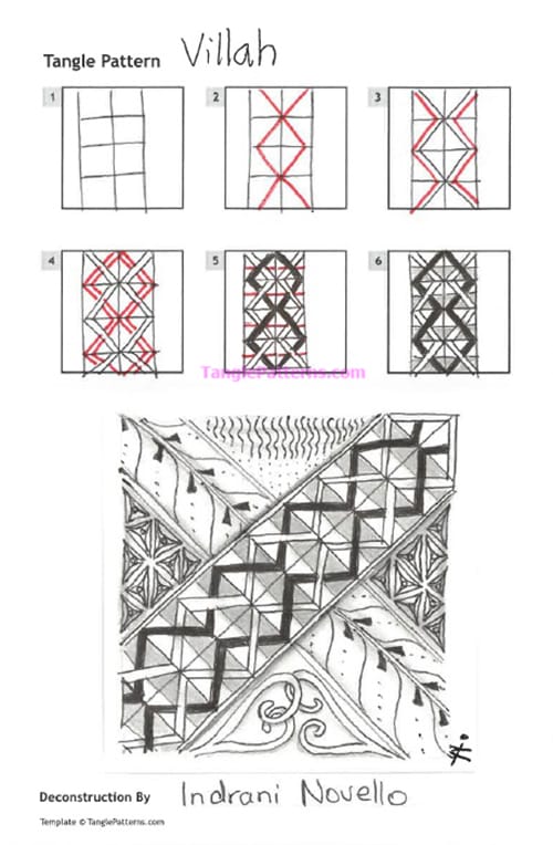 How to draw the Zentangle pattern Villah, tangle and deconstruction by Indrani Novello. Image copyright the artist and used with permission, ALL RIGHTS RESERVED. How to draw the Zentangle pattern Villah, tangle and deconstruction by Indrani Novello. Image copyright the artist and used with permission, ALL RIGHTS RESERVED.