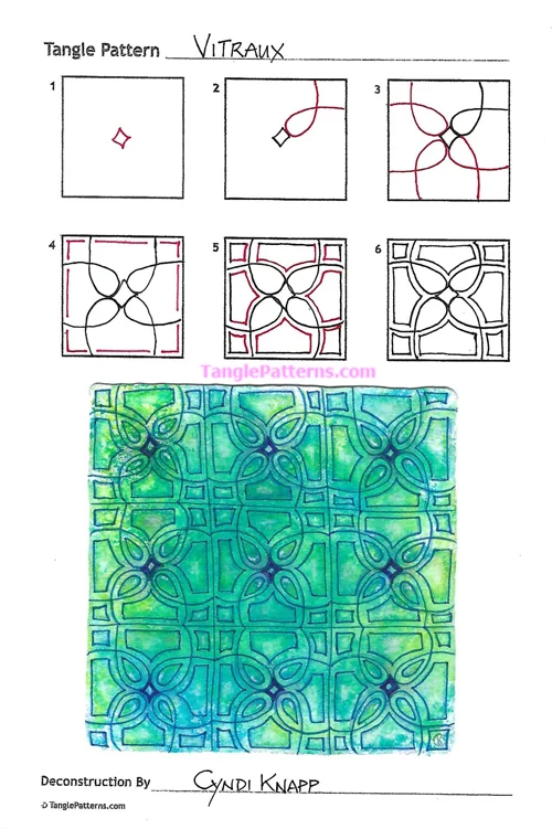 How to draw the Zentangle pattern Vitraux, tangle and deconstruction by Cyndi Knapp. Image copyright the artist and used with permission, ALL RIGHTS RESERVED.