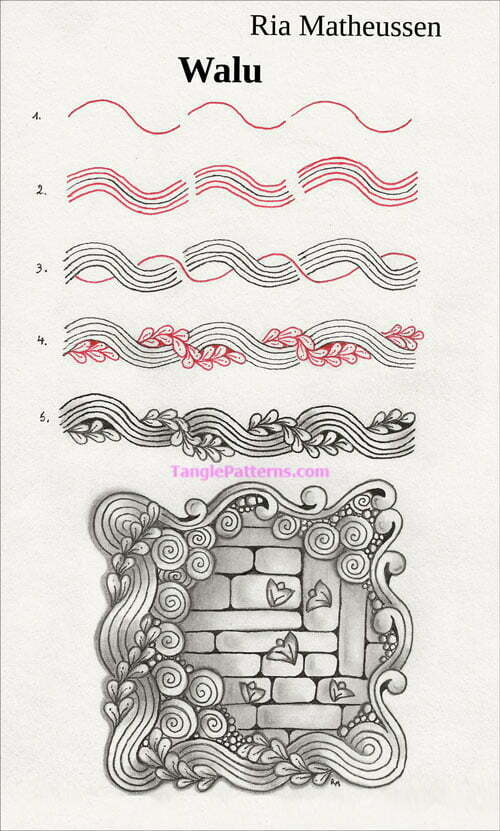 How to draw the Zentangle pattern Walu, tangle and deconstruction by Ria Matheussen. Image copyright the artist and used with permission, ALL RIGHTS RESERVED.