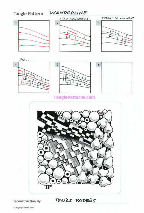How to draw the Zentangle pattern Wanderline, tangle and deconstruction by CZT Tomàs Padrós. Image copyright the artist and used with permission, ALL RIGHTS RESERVED.