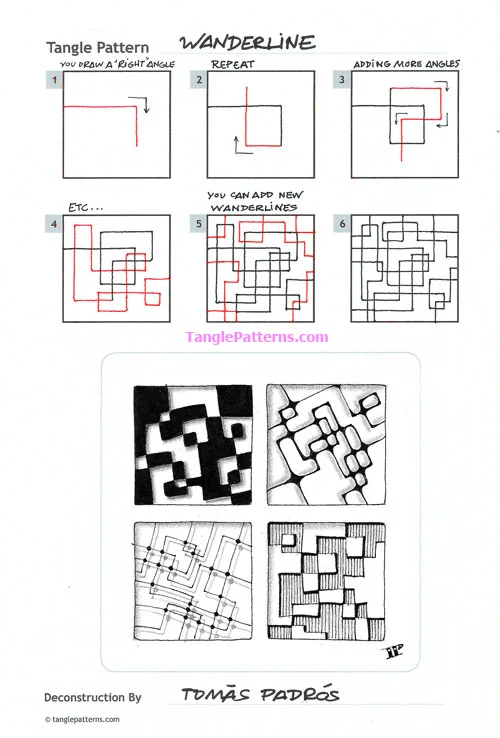 How to draw the Zentangle pattern Wanderline, tangle and deconstruction by CZT Tomàs Padrós. Image copyright the artist and used with permission, ALL RIGHTS RESERVED. How to draw the Zentangle pattern Wanderline, tangle and deconstruction by CZT Tomàs Padrós. Image copyright the artist and used with permission, ALL RIGHTS RESERVED.