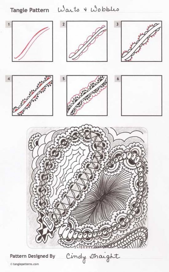 Steps for drawing Cindy Straight's Warts and Wobbles tangle pattern