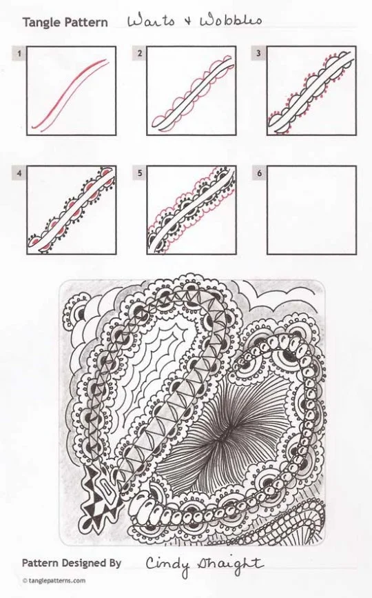 Steps for drawing Cindy Straight's Warts and Wobbles tangle pattern