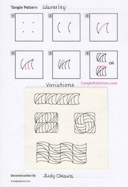 How to draw the Zentangle pattern Waverley, tangle and deconstruction by Judy Okawa. Image copyright the artist and used with permission, ALL RIGHTS RESERVED.