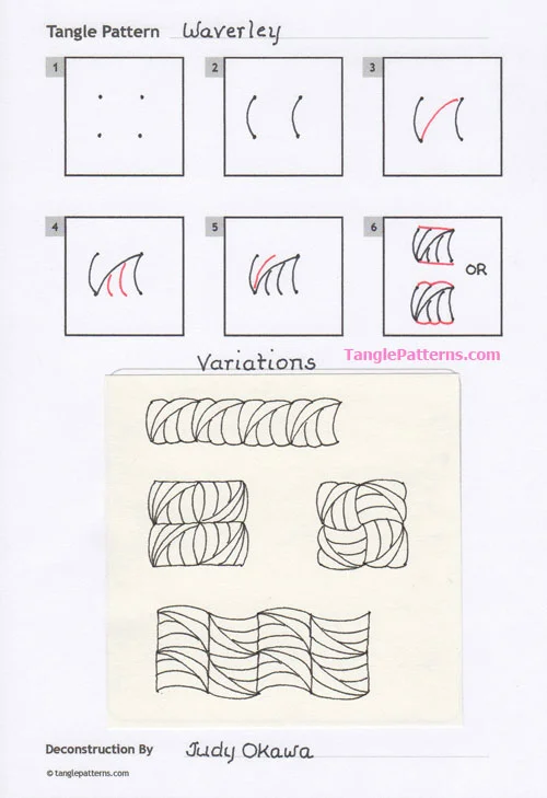 How to draw the Zentangle pattern Waverley, tangle and deconstruction by Judy Okawa. Image copyright the artist and used with permission, ALL RIGHTS RESERVED.