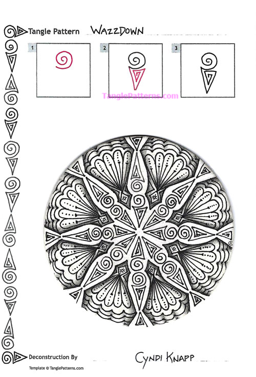 How to draw the Zentangle pattern Wazzdown, tangle and deconstruction by Cyndi Knapp. Image copyright the artist and used with permission, ALL RIGHTS RESERVED. How to draw the Zentangle pattern Wazzdown, tangle and deconstruction by Cyndi Knapp. Image copyright the artist and used with permission, ALL RIGHTS RESERVED.
