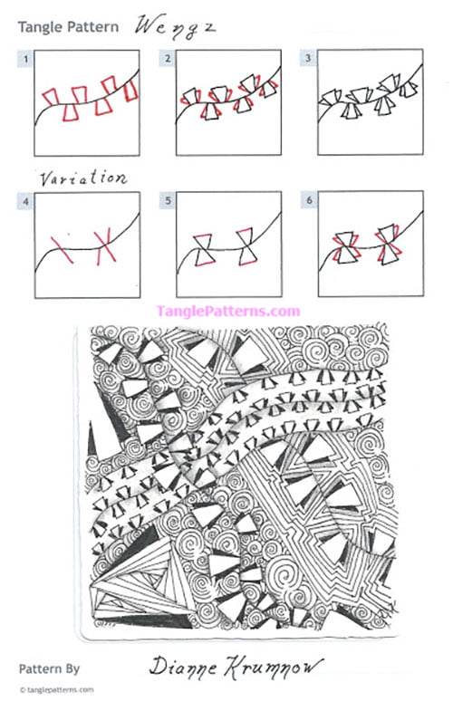 How to draw the Zentangle pattern Wengz, tangle and deconstruction by Dianne Krumnow. Image copyright the artist and used with permission, ALL RIGHTS RESERVED.