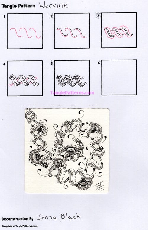 How to draw the Zentangle pattern Wervine, tangle and deconstruction by Jenna Black. Image copyright the artist and used with permission, ALL RIGHTS RESERVED. How to draw the Zentangle pattern Wervine, tangle and deconstruction by Jenna Black. Image copyright the artist and used with permission, ALL RIGHTS RESERVED.