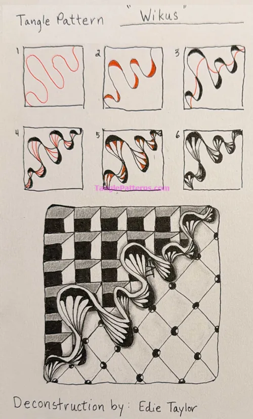 How to draw the Zentangle pattern Wikus, tangle and deconstruction by Edie Taylor. Image copyright the artist and used with permission, ALL RIGHTS RESERVED.