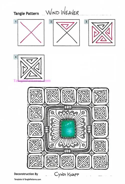 How to draw the Zentangle pattern Wind Weaver, tangle and deconstruction by Cyndi Knapp. Image copyright the artist and used with permission, ALL RIGHTS RESERVED. How to draw the Zentangle pattern Wind Weaver, tangle and deconstruction by Cyndi Knapp. Image copyright the artist and used with permission, ALL RIGHTS RESERVED.