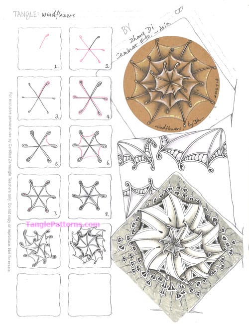 How to draw the Zentangle pattern Windflowers, tangle and deconstruction by Di Zhang. Image copyright the artist and used with permission, ALL RIGHTS RESERVED.