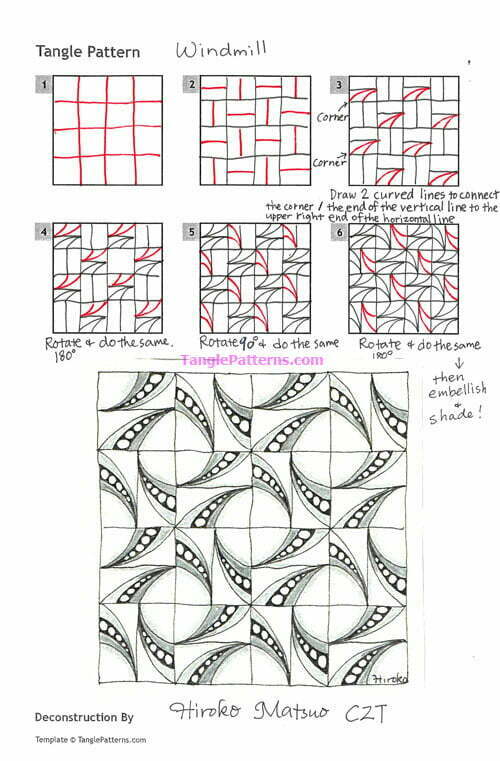 How to draw the Zentangle pattern Windmill, tangle and deconstruction by Hiroko Matsuo. Image copyright the artist and used with permission, ALL RIGHTS RESERVED.