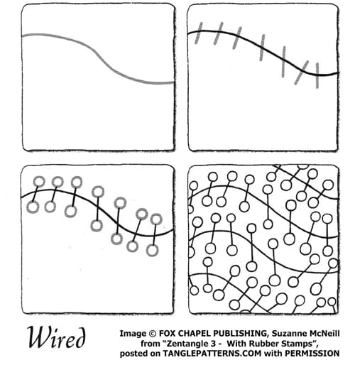 How to draw the Zentangle pattern Wired tangle and deconstruction by Suzanne McNeill. Image copyright Suzanne McNeill and Fox Chapel Publishing and used with permission, ALL RIGHTS RESERVED. How to draw the Zentangle pattern Wired tangle and deconstruction by Suzanne McNeill. Image copyright Suzanne McNeill and Fox Chapel Publishing and used with permission, ALL RIGHTS RESERVED.