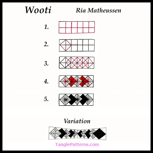 How to draw the Zentangle pattern Wooti, tangle and deconstruction by Ria Matheussen. Image copyright the artist and used with permission, ALL RIGHTS RESERVED.