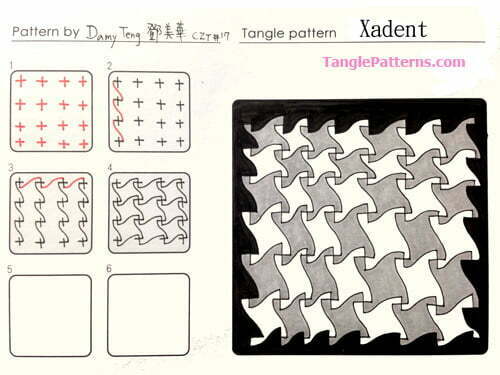 How to draw the Zentangle pattern Xadent, tangle and deconstruction by Damy (Mei Hua) Teng. Image copyright the artist and used with permission, ALL RIGHTS RESERVED.