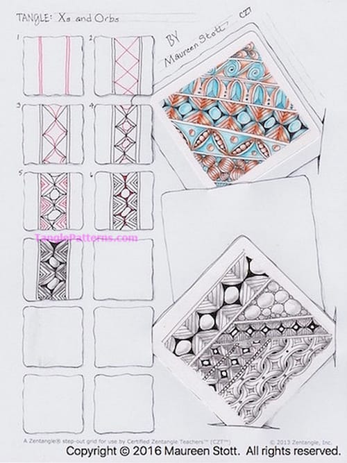 How to draw the Zentangle pattern Xs and Orbs, tangle and deconstruction by Maureen Stott. Image copyright the artist and used with permission, ALL RIGHTS RESERVED.