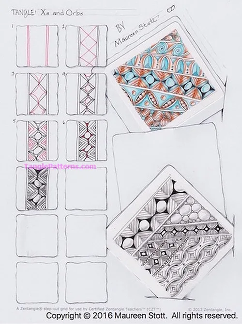 How to draw the Zentangle pattern Xs and Orbs, tangle and deconstruction by Maureen Stott. Image copyright the artist and used with permission, ALL RIGHTS RESERVED. How to draw the Zentangle pattern Xs and Orbs, tangle and deconstruction by Maureen Stott. Image copyright the artist and used with permission, ALL RIGHTS RESERVED.