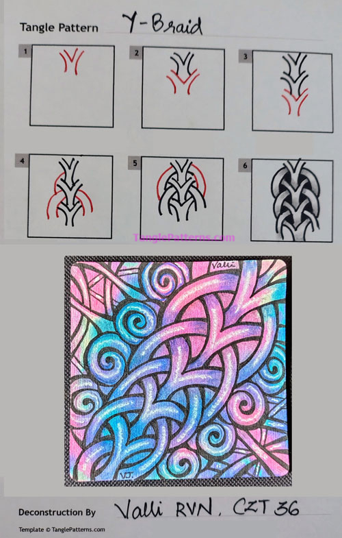 How to draw the Zentangle pattern Y-Braid, tangle and deconstruction by Valli Ganti. Image copyright the artist and used with permission, ALL RIGHTS RESERVED. How to draw the Zentangle pattern Y-Braid, tangle and deconstruction by Valli Ganti. Image copyright the artist and used with permission, ALL RIGHTS RESERVED.