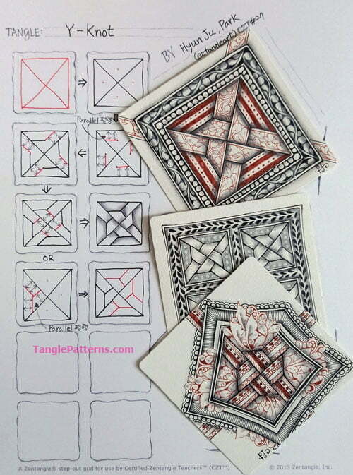 How to draw the Zentangle pattern Y-Knot, tangle and deconstruction by HyunJu Park. Image copyright the artist and used with permission, ALL RIGHTS RESERVED.